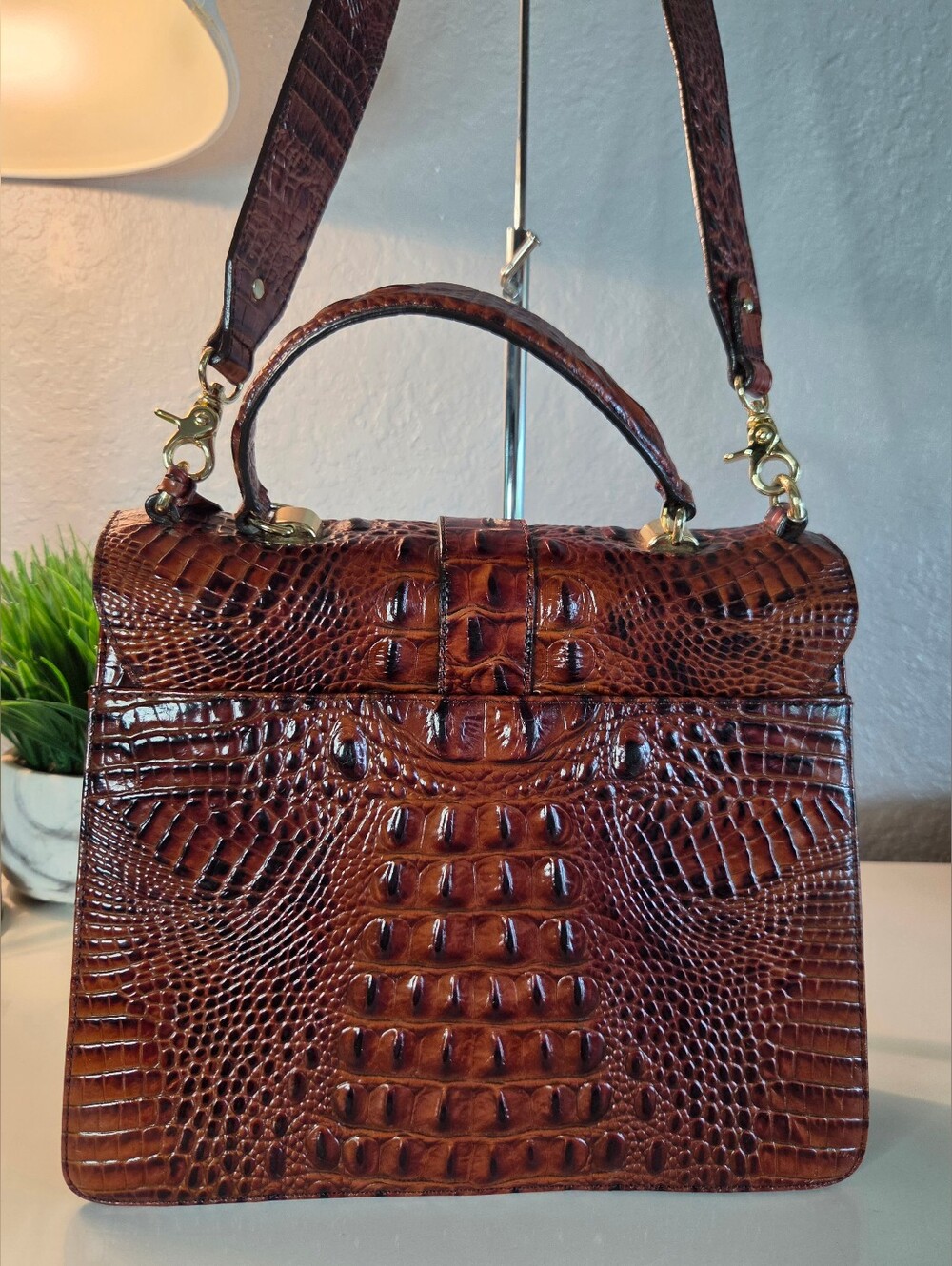 Brahmin Gabriella Satchel Pecan Melbourne Croc Embossed Accordion Bag - Picture 7 of 15